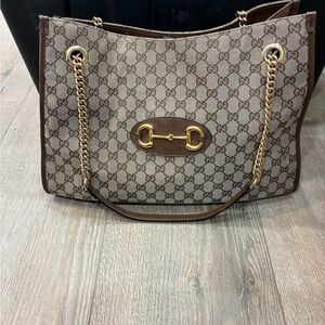 Gucci Beige and Brown Shoulder Bag with Gold Accents